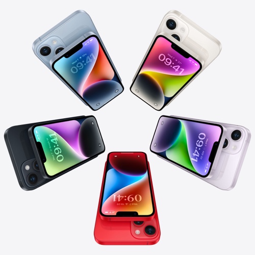 5 different coloured iPhone 14s
