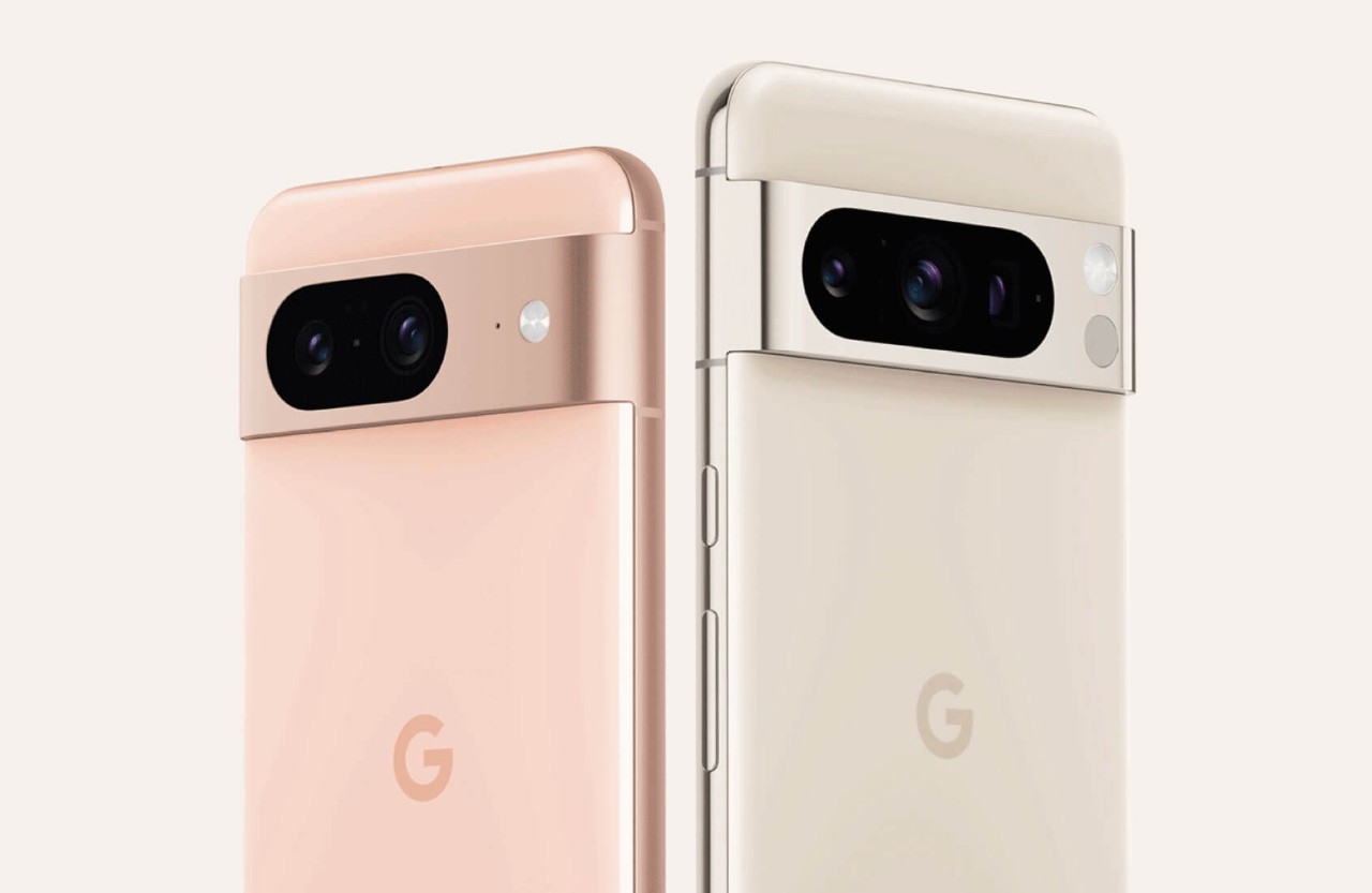 Two colour-ways of Google Pixel 8 mobile phones from Three Business