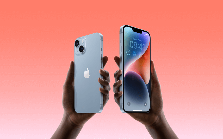 Three Business image of two hands each holding an iPhone 15 behind a gradient background