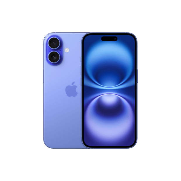 2 iPhone 16s in Ultramarine, front and back 