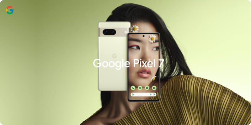 a woman’s face in profile with a butterfly on her cheek and nose. 2 Google Pixel 7 phones are shown, front and back.