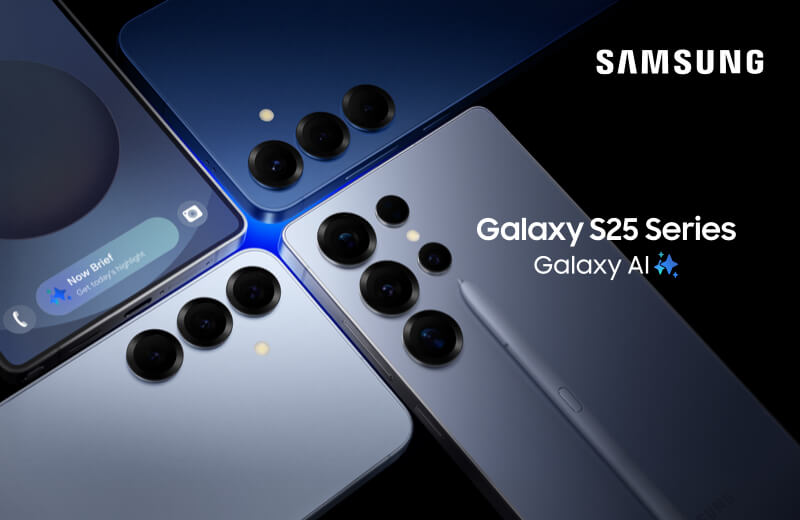 Samsung Galaxy S25 Series smartphone line up with Galaxy AI, showcasing multiple devices from different angles.